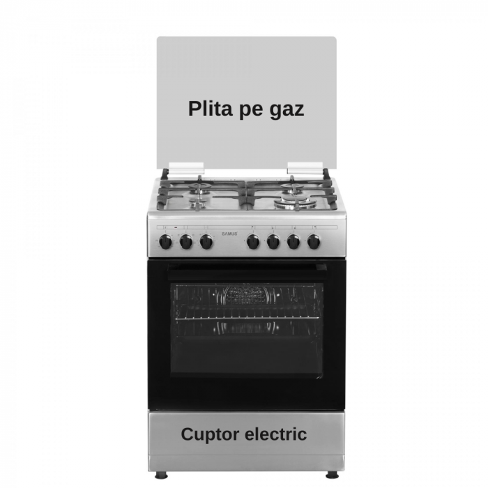 Pachet Aragaz Samus SM662AENS, 4 arzatoare pe gaz, cuptor electric, 7 functii, grill, ventilator, timer mecanic+ Butelie GPL 26L, Ceas Regulator, Furtun 2m și 2 Coliere [4]