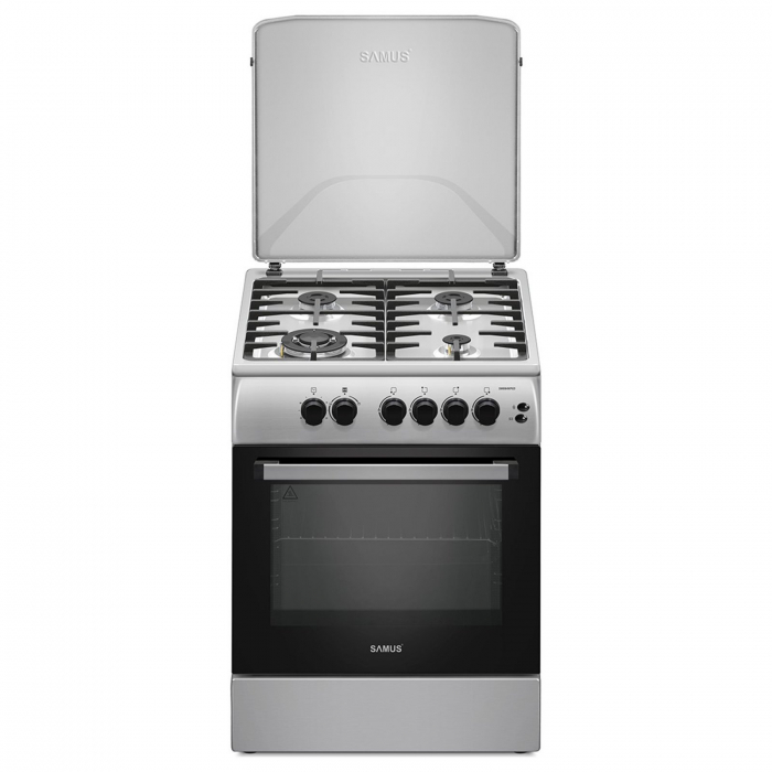Pachet - Aragaz Samus SM664XPGS1 – 4 arzătoare pe gaz (1 Wok), cuptor pe gaz, aprindere electrică, grill pe gaz, timer + Butelie GPL 26L, Ceas Regulator, Furtun și 2 Coliere [2]