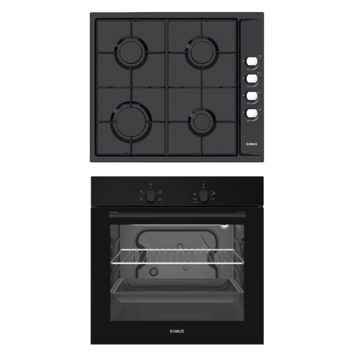 Pachet Bucătărie Samus: Cuptor Incorporabil SC620G4B 62L, 4 Funcții, Grill, Ventilator + Plita Incorporabila PSG-64SB 4 Arzătoare Gaz, Aprindere Electrică, Gratare Metalice, Negru [1]