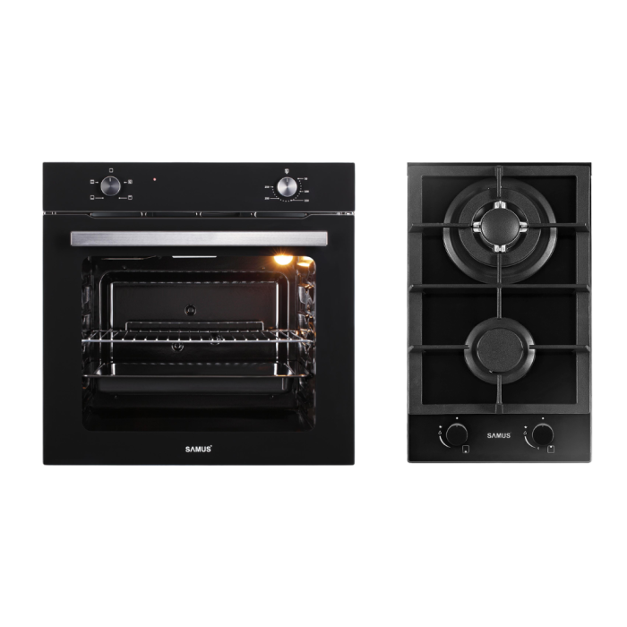 Pachet Bucătărie Samus: Cuptor Incorporabil SC621G4 81L, 4 Funcții, Ventilator, Indicator Gatire + Plita Incorporabila PSG-32SG2, 2 Arzătoare Gaz, Triplu + Mediu, Gratare Fonta, Sticla Neagra [1]