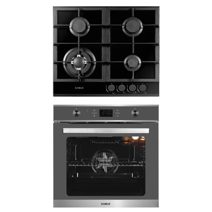 Pachet Bucătărie Samus: Plita Incorporabila PSG-64SG1 4 Arzătoare Gaz, WOK, Gratare Fonta + Cuptor Incorporabil SC626GDX9 75L, 9 Funcții, Semi Grill, Pizza, Dezghetare, Display Digital, Sticla Gri/Ino [1]