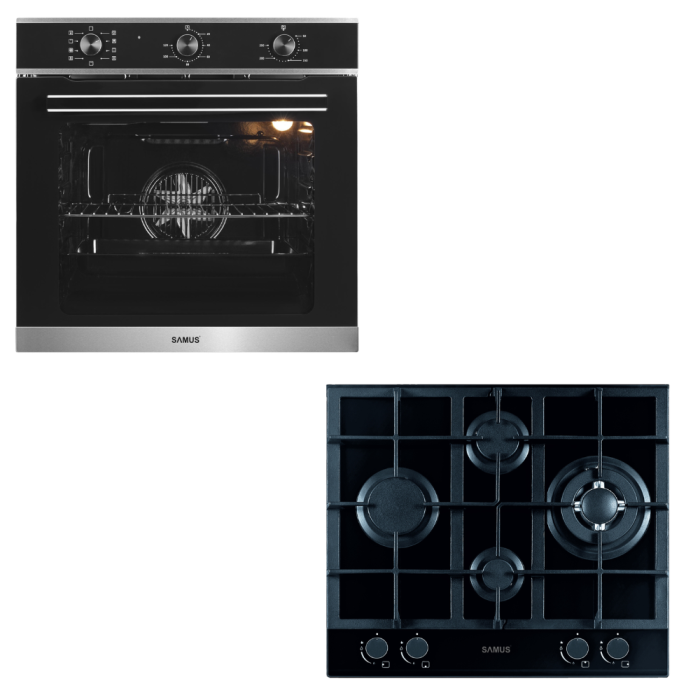 Pachet Bucătărie Samus: Plita Incorporabila PSG-64SG2 4 Arzătoare Gaz, WOK, Gratare Fonta + Cuptor Incorporabil SC628GX9 75L, 9 Funcții, Grill, Convectie 3D, Pizza, Dezghetare, Sticla Neagra [1]