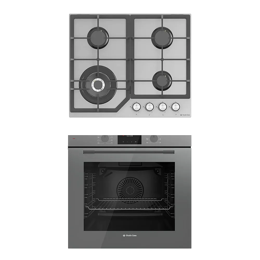 Pachet cuptor electric incorporabil si plita gaz sticla Duo Modern Parma Glass Grey Studio Casa, 6 functii, Ventilator, Display Touch control, Timer digital, Sticla gri [2]