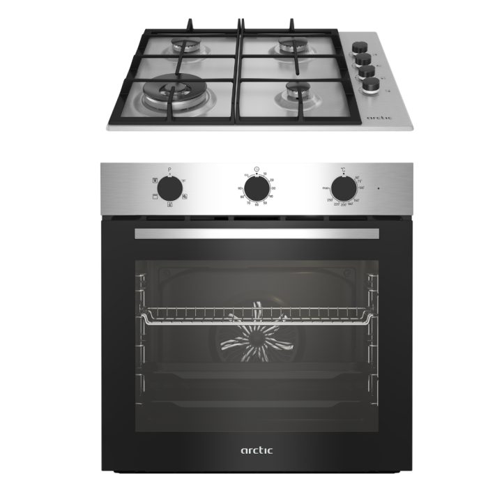 Pachet Cuptor incorporabil Arctic ARSE11130XD, 71 L, Electric, 6 functii, AquaDropClean, Grill, Timer, Clasa A + Plita incorporabila, Gaz, 4 Arzatoare, Aprindere electrica, Wok, 60 cm, Inox [1]