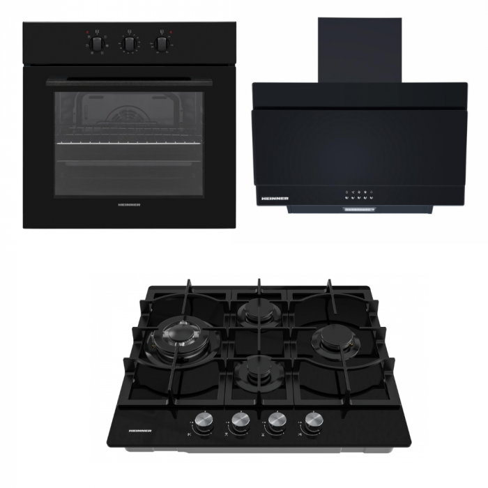 Pachet - Cuptor Incorporabil HEINNER HBO-V656GC-BK, 70 L, Geam dublu, 6 functii  +  Plită Incorporabilă HEINNER HBH-M452IWFGBK + Hota Decorativă HEINNER DCH-350RGBK, absorbție 276.6 m³/h, 60 cm [1]