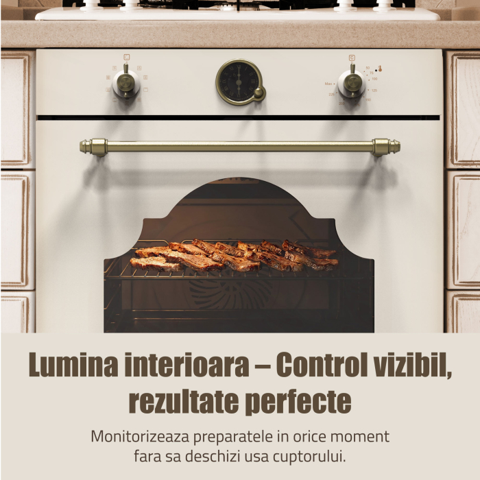 Pachet - Cuptor Incorporabil Rustic Samus SC630VTA9 Beige, 74 L, 9 Functii, Autocuratare Catalitica, Clasa A + Plita Gaz Samus PSG-64VG1, 58 cm, 4 Arzatoare, Sticla Bej [9]