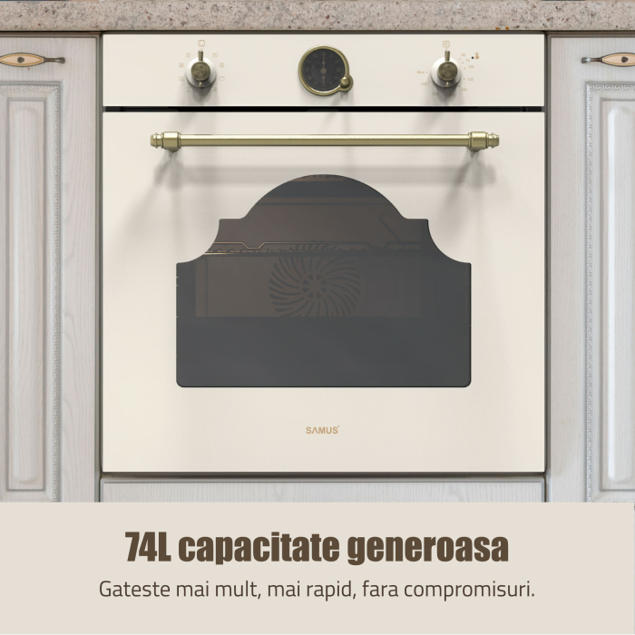 Pachet - Cuptor Incorporabil Rustic Samus SC630VTA9 Beige, 74 L, 9 Functii, Autocuratare Catalitica, Clasa A + Plita Gaz Samus PSG-64VG1, 58 cm, 4 Arzatoare, Sticla Bej [3]