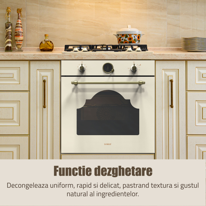 Pachet - Cuptor Incorporabil Rustic Samus SC630VTA9 Beige, 74 L, 9 Functii, Autocuratare Catalitica, Clasa A + Plita Gaz Samus PSG-64VG1, 58 cm, 4 Arzatoare, Sticla Bej [7]