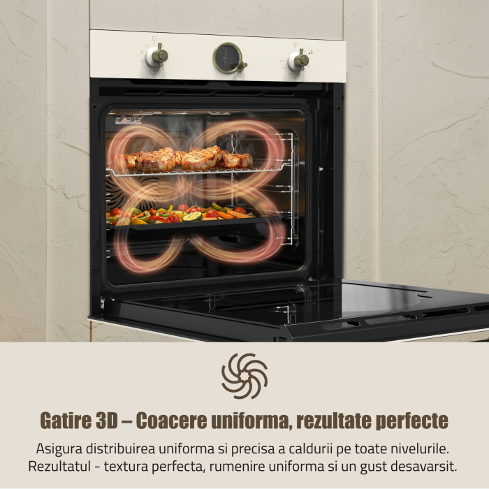 Pachet - Cuptor Incorporabil Rustic Samus SC630VTA9 Beige, 74 L, 9 Functii, Autocuratare Catalitica, Clasa A + Plita Gaz Samus PSG-64VS2, 58 cm, 4 Arzatoare, WOK, Gratare Fonta, Bej [9]