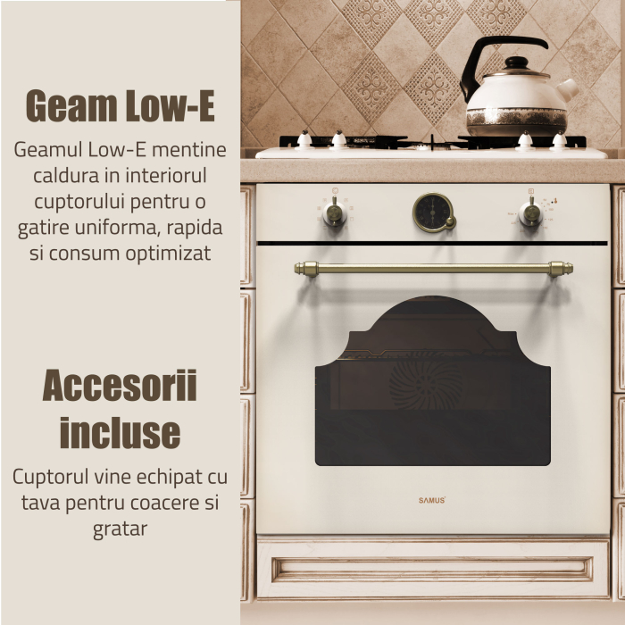 Pachet - Cuptor Incorporabil Rustic Samus SC630VTA9 Beige, 74 L, 9 Functii, Autocuratare Catalitica, Clasa A + Plita Gaz Samus PSG-64VS3, 58 cm, 4 Arzatoare, WOK, Bej [12]