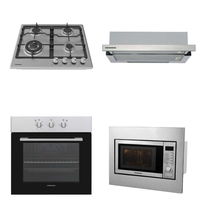 Pachet electrocasnice incorporabile HEINNER: Plită gaz HBH-M495IWFIX, Hotă telescopică HTCH-440FS, Cuptor electric HBO-V656G-IX, Cuptor cu microunde HMW-23BI, Inox [1]