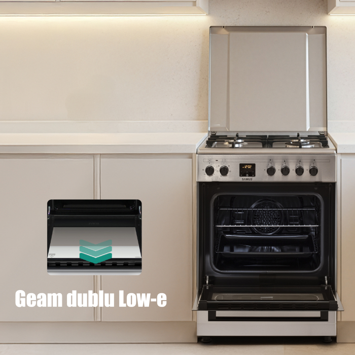 Pachet- Hota clasica Samus SM62S Eco+, 2 motoare, 94 W, tehnologie Eco + Aragaz electric / gaz Samus SM663AENS Inox, 4 arzatoare pe gaz, 1 arzator Wok, cuptor electric, 7 functii, grill, ventilator [17]