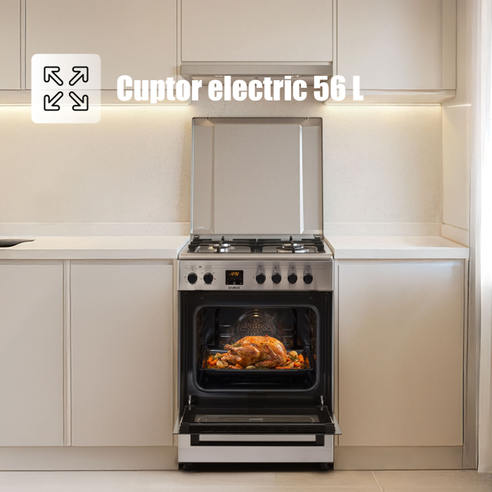 Pachet- Hota clasica Samus SM62S Eco+, 2 motoare, 94 W, tehnologie Eco + Aragaz electric / gaz Samus SM663AENS Inox, 4 arzatoare pe gaz, 1 arzator Wok, cuptor electric, 7 functii, grill, ventilator [11]