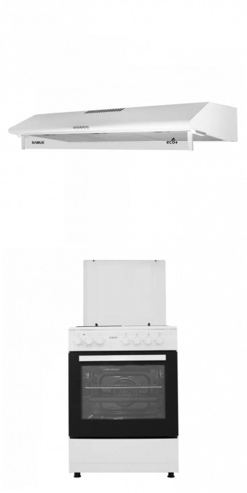 Pachet- Hota clasica Samus SM92A Eco+, 2 motoare, 94 W, tehnologie Eco+, filtru metalic triplu caseta+Aragaz Samus SM662AENS, 4 arzatoare pe gaz, cuptor electric, 7 functii, grill [1]