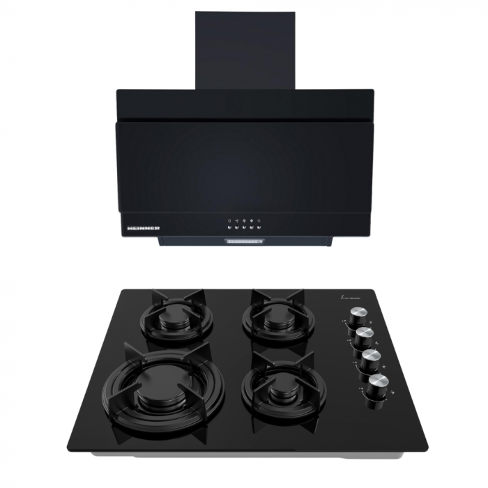 Pachet - Hota Decorativă HEINNER DCH-350RGBK + Plită Incorporabilă FRAM FBH-M4IRF-GBK, Gaz, 4 Zone, Sticlă Neagră, Capacitate Absorbție 276.6 m³/h, Negru [1]