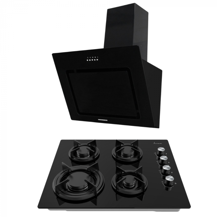 Pachet - Hota Decorativă HEINNER DCH-650RGBK, absorbție 500 m3/h + Plită Incorporabilă FRAM FBH-M4IRF-GBK, Gaz, 4 Zone, Sticlă Neagră, Capacitate Absorbție 594.5 m³/h, Negru [1]