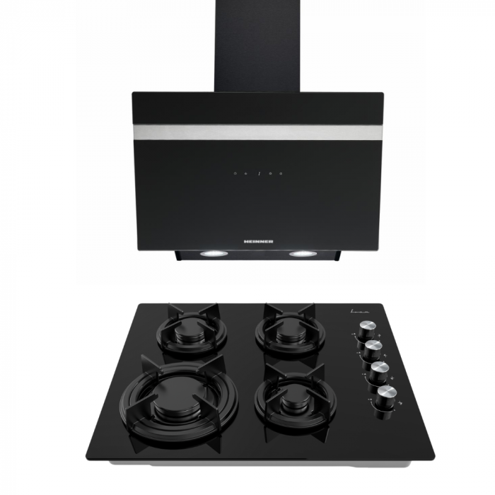 Pachet - Hota Decorativă HEINNER HDCH-6060RGBK, absorbție 566 m³/h, 60 cm + Plită Incorporabilă FRAM FBH-M4IRF-GBK, Gaz, 4 Zone, Sticlă Neagră, Capacitate Absorbție 566 m³/h, Negru [1]
