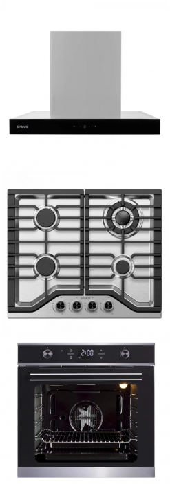 Pachet-Hota decorativa Samus HS661DGX, latime 59.5 cm+Plita incorporabila Samus PSG-64SX9, 4 arzatoare, arzator Wok, aprindere electrica+Cuptor incorporabil Samus SC626GDXC9, Ventilator, Autocuratare [1]