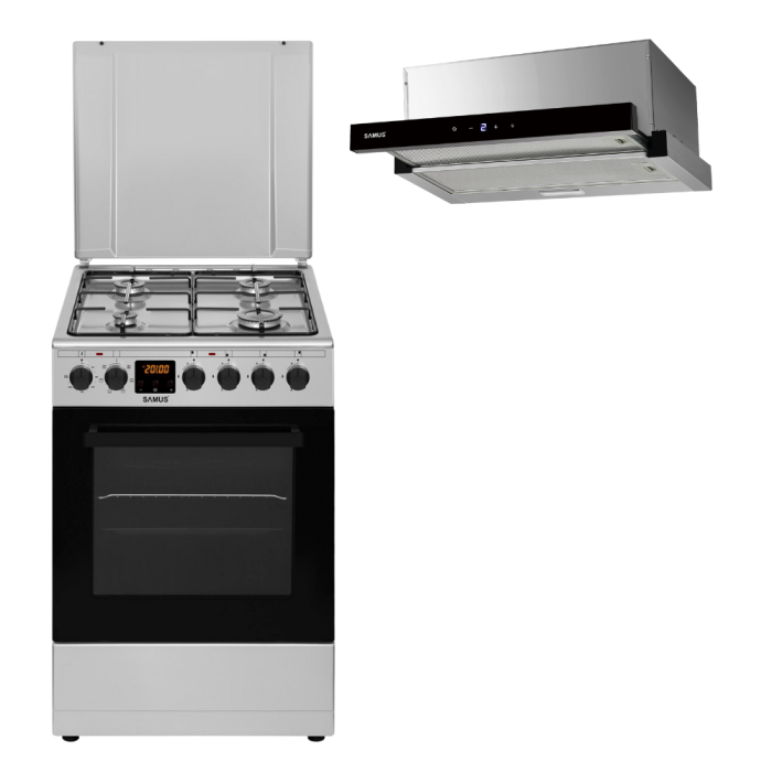 Pachet- Hota incorporabila Samus HS6032DTGX, 1 motor, latime 60 cm, 3 trepte absorbtie+ Aragaz Samus SM563AENS, 4 arzatoare pe gaz, cuptor electric, 7 functii, grill, timer digital [1]
