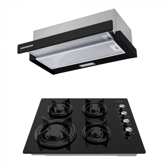 Pachet - Hotă Telescopică HEINNER HTCH-F400BK, absorbție 358.4 m³/h + Plită Gaz FRAM FBH-M4IRF-GBK, Sticlă Neagră, 4 Zone, 60 cm, Fontă [1]