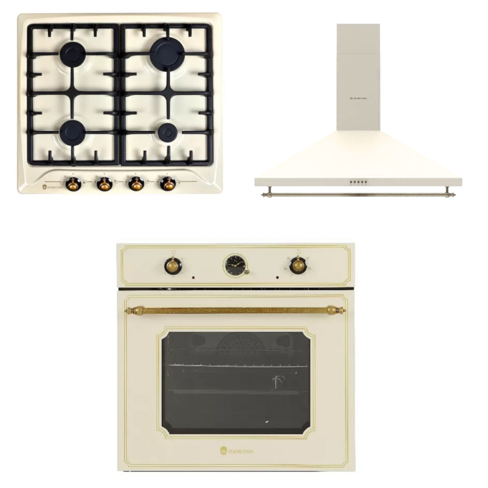 Pachet incorporabil Hota decorativa rustica, 60 cm Onda Beige Retro + Plita Incorporabila  PG660 Avena POSITANO + Cuptor Electric Incorporabil FE660 Avena POSITANO, 61L, Clasa A, Timer, Termostat [1]