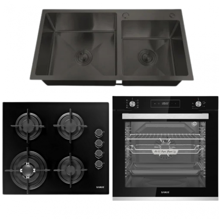Pachet Incorporabile- Cuptor incorporabil Samus SCE828GCF3D+ Plita incorporabila Samus PSG-64SG6+ Chiuveta de bucatarie din inox MIXXUS, Culoare NANO-BLACK, Dimensiune 780 x 490mm [1]