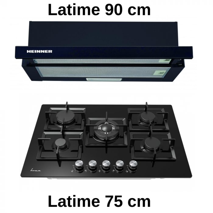 Pachet incorporabile FRAM & HEINNER - Plită pe gaz FRAM FBH-M705IWF-GBK 5 arzătoare, Aprindere electric, 75 cm, Sticlă Neagră + Hotă telescopică HEINNER HTCH-490GBK, absorbție 413.5 m³/h, latime 90 cm [2]