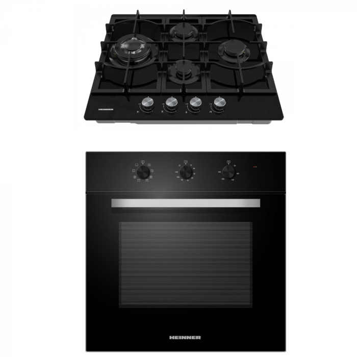 Pachet incorporabile HEINNER - Plită pe gaz HBH-M452IWFGBK 60 cm, Wok, Aprindere electrica + Cuptor electric HBO-M659GC-GBK, 65 l, 9 functii, Ventilatie, Sticlă Neagră [1]
