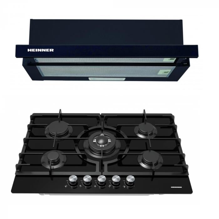 Pachet incorporabile HEINNER - Plită pe gaz HBH-M705IWFGBK 5 arzătoare, Aprindere electrica, 75 cm, Sticlă Neagră + Hotă telescopică HTCH-490GBK, absorbtie 413.5 m3/H, 90 cm Negru [1]