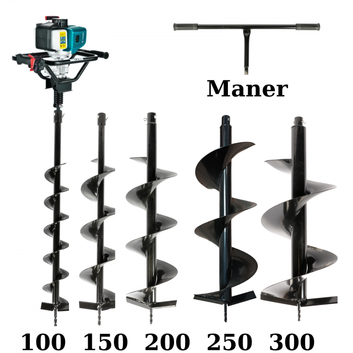Pachet - Motoburghiu Detoolz pentru pamant, 1.5kW, 2 Cp, 52CC, burghii de 100-150-200-250-300+maner [1]