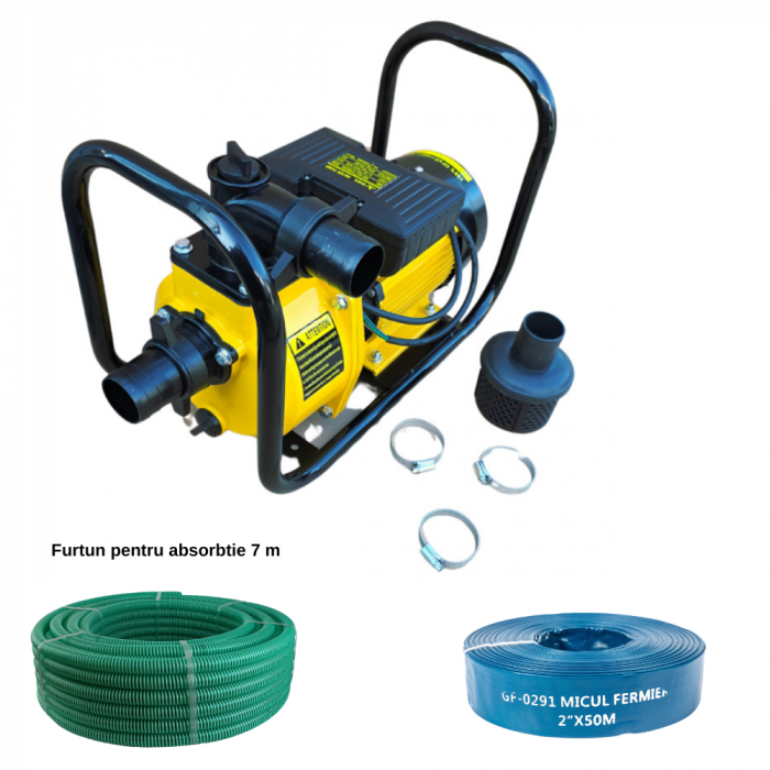 Pachet - Motopompa electrica DRK DSU-50, 2.2 KW, debit 28 m3/h, 2 tol + Furtun pentru absorbtie, 7 m + Furtun apa refulare PVC 2 toli, 50M [1]