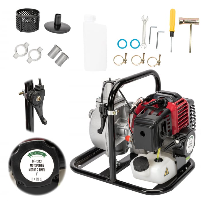 PACHET - Motopompa pentru apa, motor 2 timpi, 1 tol, debit 250 l/min, 2Cp 1.5 kw + Furtun apa refulare Flat PVC 1" 50 MMicul Fermier [4]