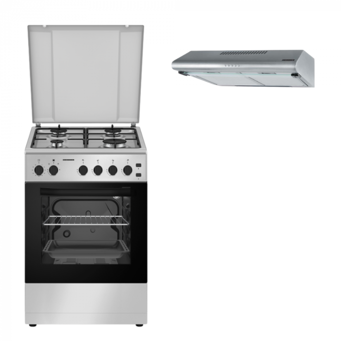 Pachet -  Pachet - Aragaz Heinner HFSC-S50LITG-SL, 4 arzatoare, Gaz + Diuze GPL, Aprindere electrica, Timer, Grill, 50 cm, Argintiu + Hotă Inox, 60 cm, 2 Motoare, 326.4 m³/h, LED [1]