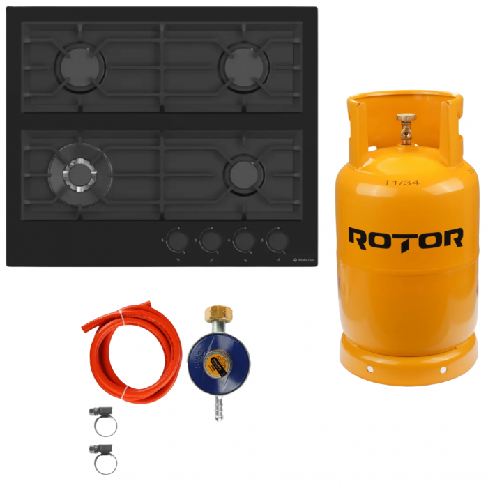 Pachet Plita gaz incorporabila Studio Casa Rialto Black, 4 arzatoare gaz, Wok, Aprindere electrica, Gratare fonta, Valve de siguranta+ Butelie GPL 26L, Ceas Regulator, Furtun 2m și 2 Coliere [1]