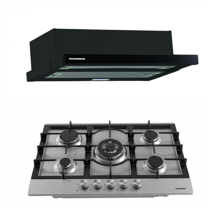 Pachet Plită HEINNER HBH-M705IWFIX, 5 zone, Gaz, Arzător Wok + Hotă telescopică HEINNER HTCH-490GBK, 90 cm, 413.5 m³/h, Negru [1]