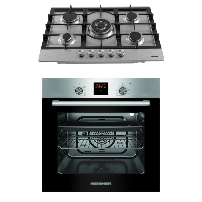 Pachet - Plită Încorporabilă Heinner HBH-M705IWFIX, 5 Zone Gaz, Arzător Wok, Siguranță Avansată + Cuptor electric incorporabil HBO-S567LDTGC-IX, 56 l, 7 Functii, Grill, Display Touch, Clasa A, Inox​​​ [1]