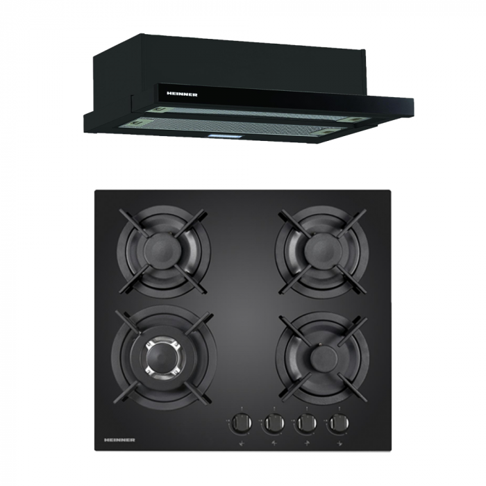 Pachet - Plita incorporabila Heinner HBH-V4IWFGBK, Gaz, 4 arzatoare, Arzator wok + Hota incorporabila telescopica Heinner HTCH-490GBK, 1 Motor, Putere de absorbtie 413.5 m3/H, Lumina LED, 90 cm, Negru [1]