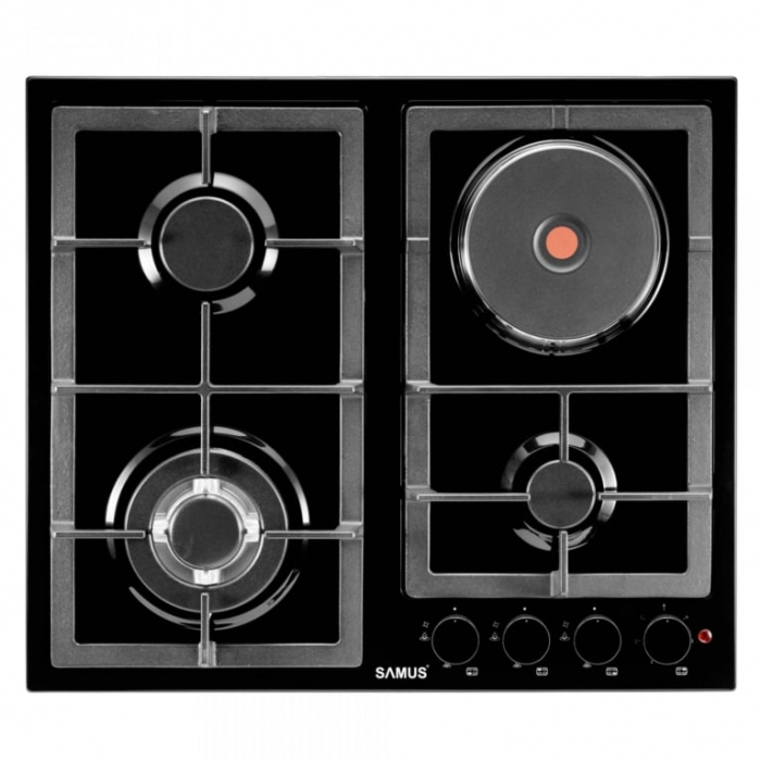 Pachet Plita incorporabila mixta Samus PSGE-63SB1, 3 arzatoare pe gaz + 1 arzator electric, aprindere electrica+ Butelie GPL 26L, Ceas Regulator, Furtun 2m și 2 Coliere [4]