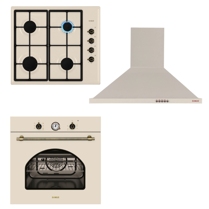 Pachet- Plita incorporabila Samus PS650VS, 4 arzatoare, aprindere electrica, Bej + Cuptor electric incorporabil Samus SC620VTV, 6 functii, Bej + Hota decorativa Samus HS604DHR, latime 60 cm, Bej [1]