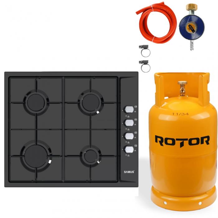 Pachet Plita incorporabila Samus PSG-64SB, 4 arzatoare, aprindere electrica, dispozitiv siguranta arzatoare, gratare metalice+ Butelie GPL 26L, Ceas Regulator, Furtun 2m și 2 Coliere [1]