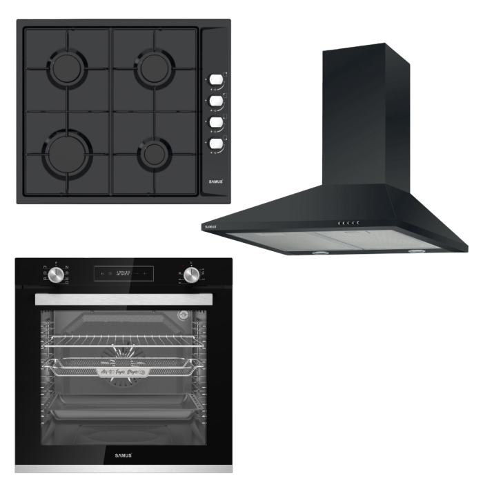 Pachet - Plita incorporabila Samus PSG-64SB, 4 arzatoare, aprindere electrica, Neagra + Cuptor electric incorporabil Samus SCE827GCF, 7 Functii, Negru + Hota decorativa Samus HS630DLB, latime 60 cm, N [1]