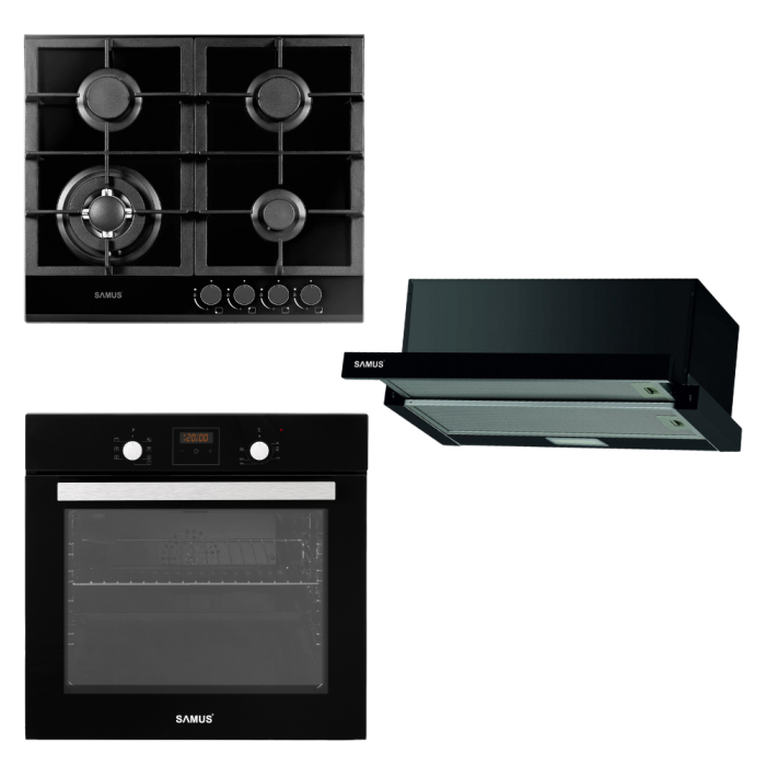Pachet - Plita incorporabila Samus PSG-64SG1, 4 arzatoare, arzator Wok, Neagra+Cuptor incorporabil Samus SC639CEGV, 6 functii,, Negru+Hota incorporabila Samus HS6060TB,latime 60 cm, 2 trepte, Neagra [1]