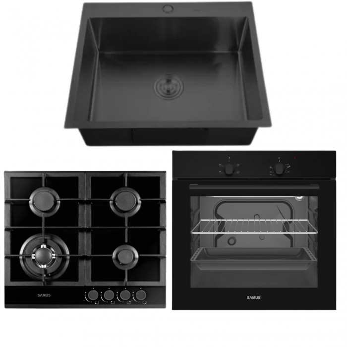 Pachet Plita incorporabila Samus PSG-64SG1+ Cuptor incorporabil Samus SC620G4B+ Chiuveta de bucatarie din inox MIXXUS, Culoare NANO-BLACK, Dimensiune 600 x 500mm [1]