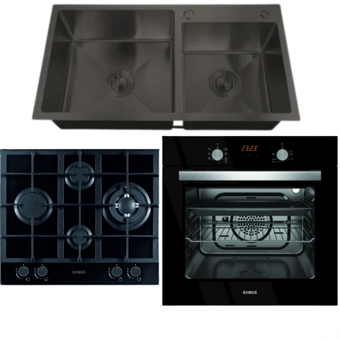 Pachet Plita incorporabila Samus PSG-64SG2+ Cuptor incorporabil Samus SC619EGV+ Chiuveta de bucatarie din inox MIXXUS, Culoare NANO-BLACK, Dimensiune 780 x 490mm [1]