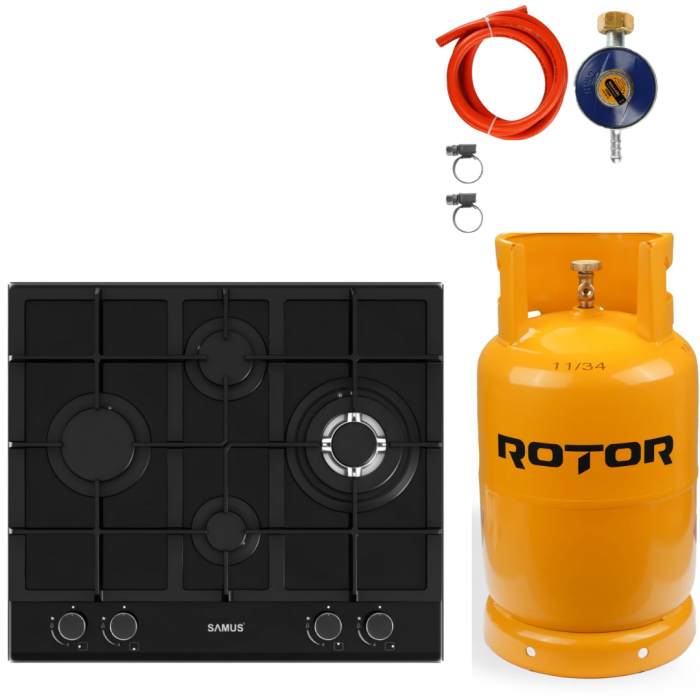 Pachet Plita incorporabila Samus PSG-64SG5 Gray, 4 arzatoare, aprindere electrica, dispozitiv siguranta arzatoare+ Butelie GPL 26L, Ceas Regulator, Furtun 2m și 2 Coliere [1]