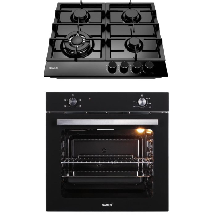 Pachet - Plita incorporabila Samus PSG-64SMB1,4 arzatoare, 1 arzator Wok, putere 8 kW + Cuptor electric incorporabil Samus SC621G4, clasa A, 81 litri, 4 functii, 2000 W, Negru [1]