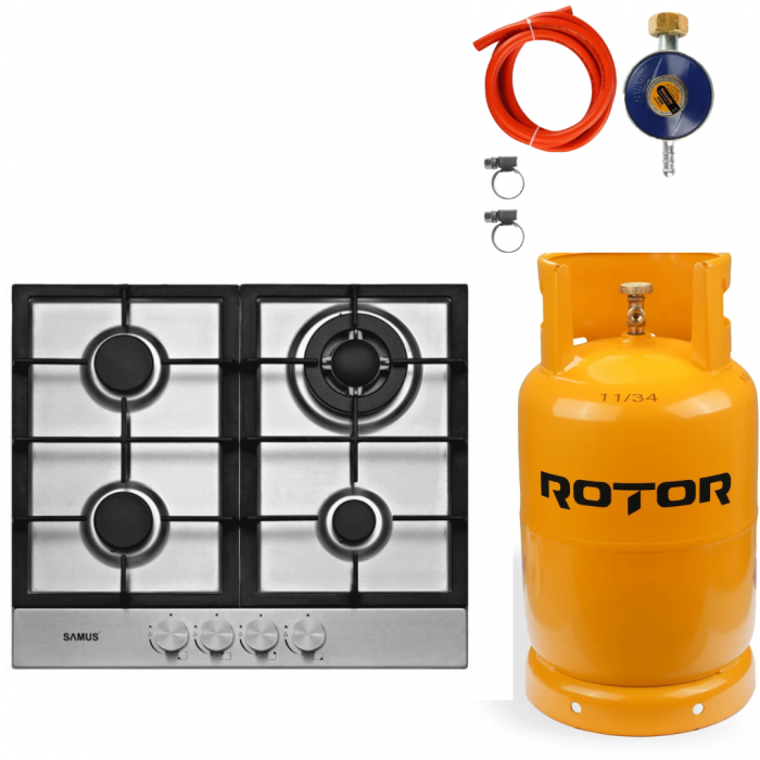 Pachet Plita incorporabila Samus PSG-64SX2, 4 arzatoare, arzator Wok, aprindere electrica, dispozitiv siguranta arzatoare+ Butelie GPL 26L, Ceas Regulator, Furtun 2m și 2 Coliere [1]