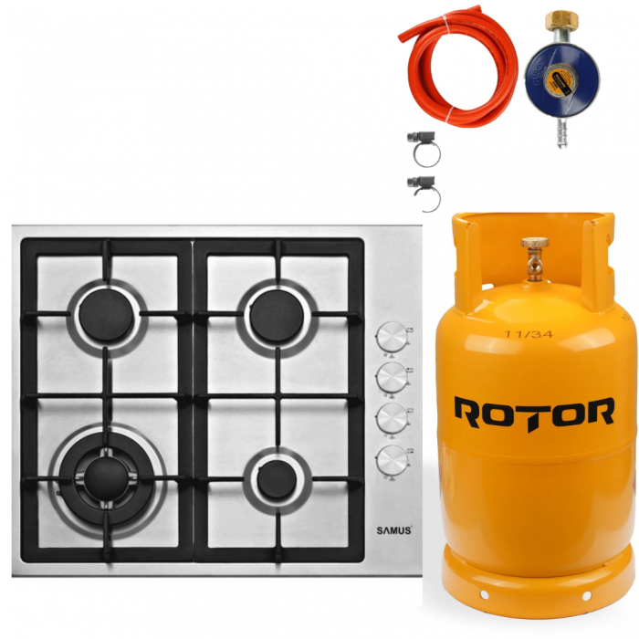 Pachet Plita incorporabila Samus PSG-64SX4, 4 arzatoare, arzator Wok, aprindere electrica, dispozitiv siguranta arzatoare+ Butelie GPL 26L, Ceas Regulator, Furtun 2m și 2 Coliere [1]