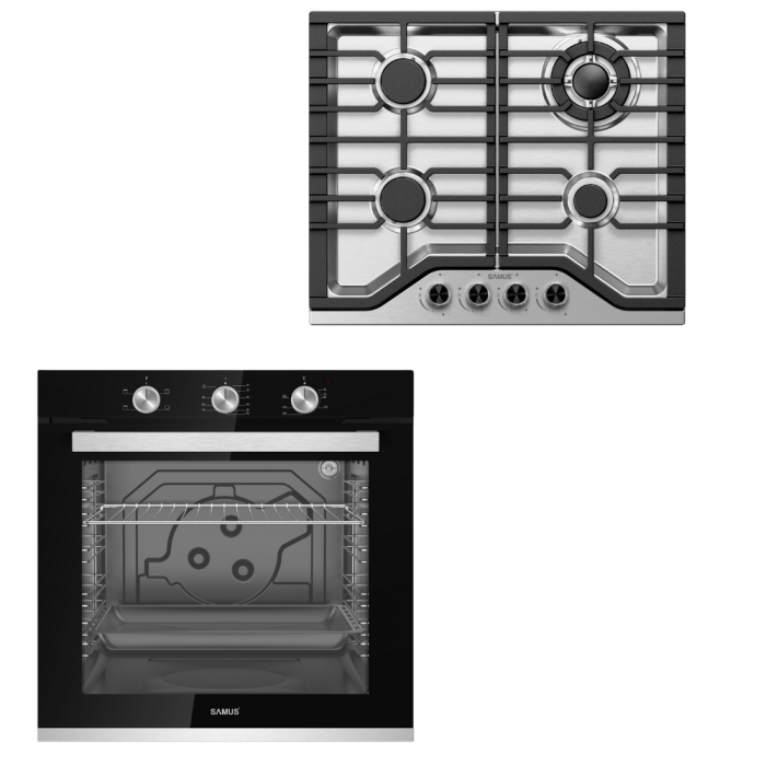 Pachet - Plita incorporabila Samus PSG-64SX9, 4 arzatoare, arzator Wok, Argintie + Cuptor incorporabil Samus SC840GT, clasa energetica A, 4 functii, grill, timer mecanic, 2400 W, negru [1]