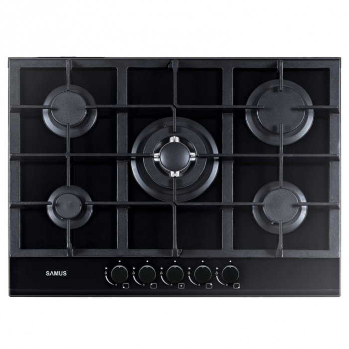 Pachet Plita incorporabila Samus PSG-75SG, 5 arzatoare, 1 arzator Wok, aprindere electrica, sistem siguranta la arzatoare, gratar fonta, Negru+ Butelie GPL 26L, Ceas Regulator, Furtun 2m și 2 Coliere [2]